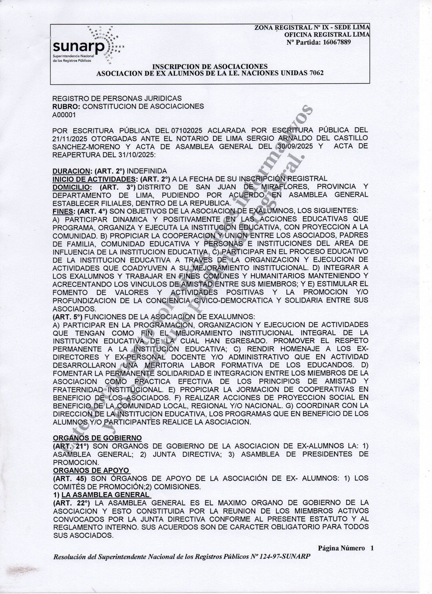 Se constituye oficialmente la Asociación de Exalumnos de la I.E. Naciones Unidas 7062